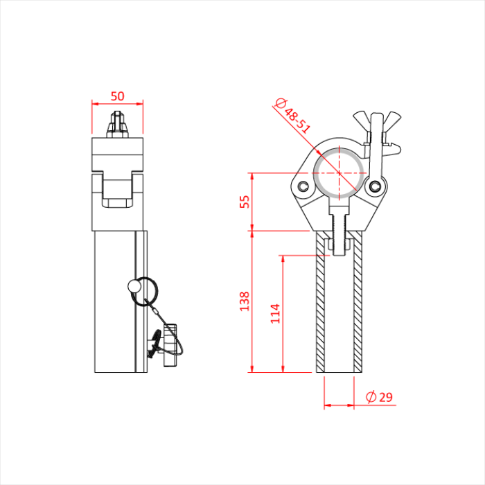 Collier TV rapide pour tube de 48-51mm, avec récepteur de spigot 28mm, CMU 100kg