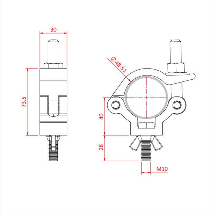 Collier charge légère MINCE  30mm pour tube de 48-51mm, avec vis et écrou, CMU 300kg