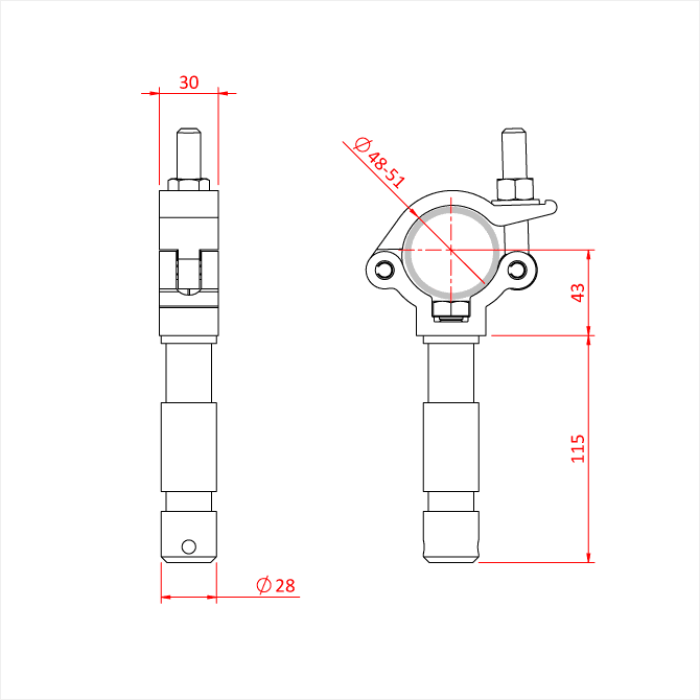 Collier "BIG BEN" charge légère MINCE 30mm pour tube de 48-51mm, avec spigot 28mm, CMU 200kg