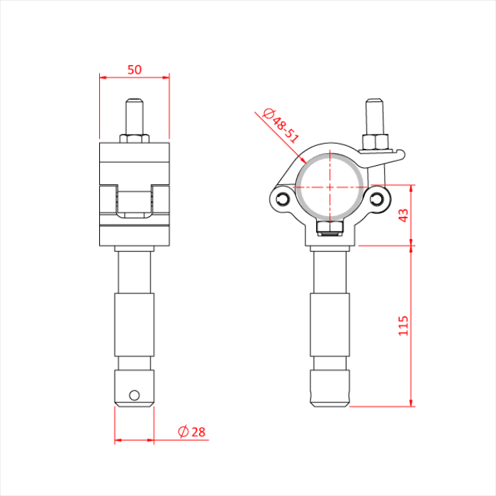 Collier "BIG BEN" charge légère pour tube de 48-51mm, avec spigot 28mm, CMU 200kg