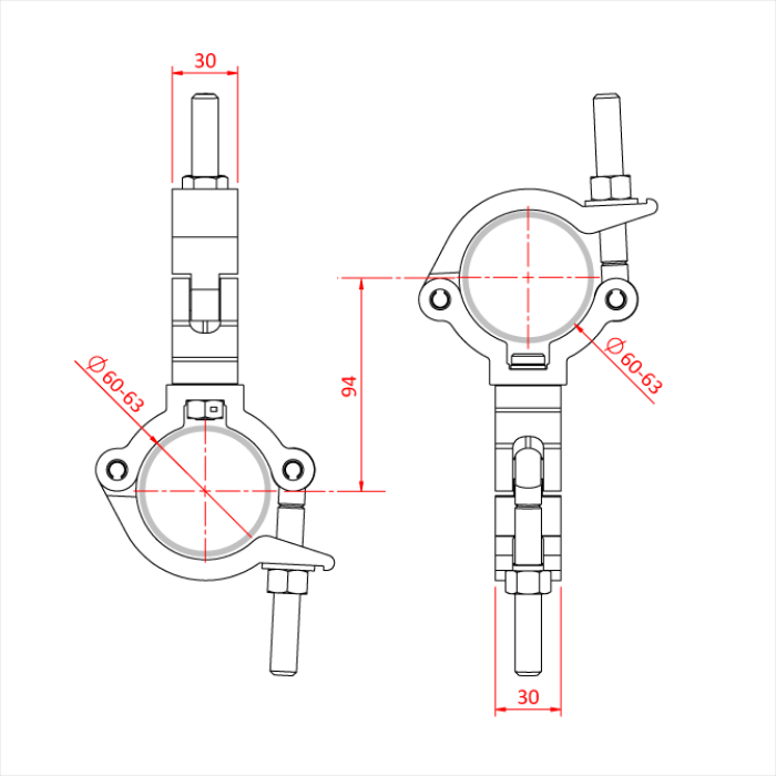 Double collier pivotant Mammoth MINCE 30mm pour tubes de 60-63mm, CMU 300kg