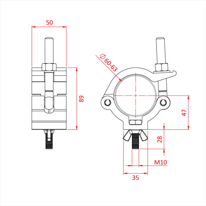 Collier Mammoth pour tube de 60-63mm, avec vis et écrou, CMU 500kg, noir