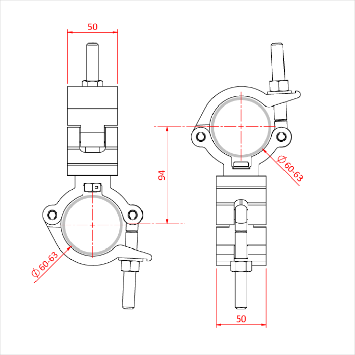 Double collier pivotant Mammoth pour tubes de 60-63mm, CMU 500kg