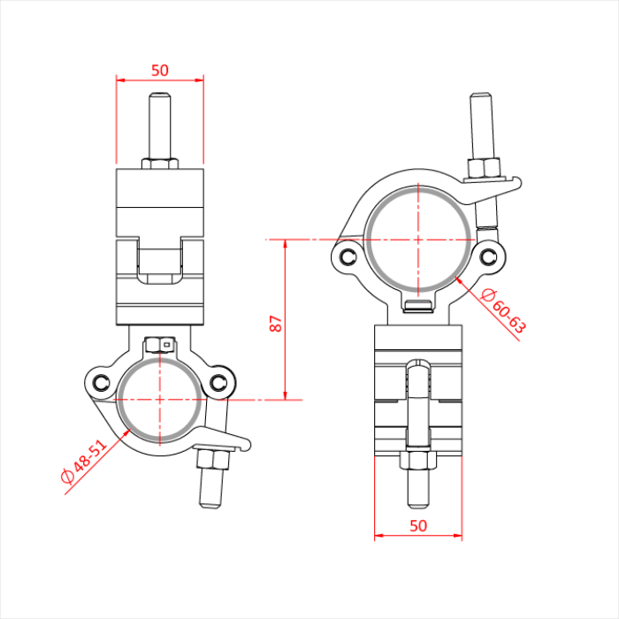 Double collier pivotant Mammoth pour 1 tube de 48-51mm et 1 tube de 60-63mm, CMU 500kg