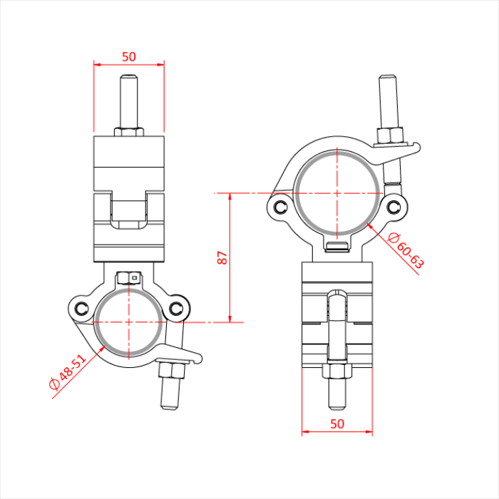 Double collier Mammoth fix 90° pour 1 tubes de 48-51mm et 1 tubes de 60-63mm, CMU 500kg