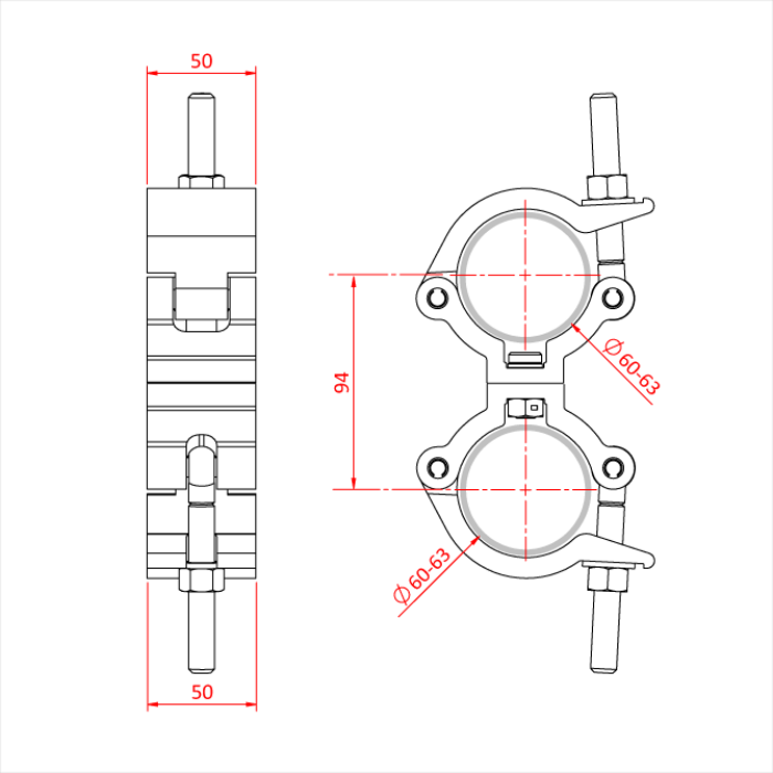 Double collier parallèle Mammoth pour tubes de 60-63mm, CMU 500kg