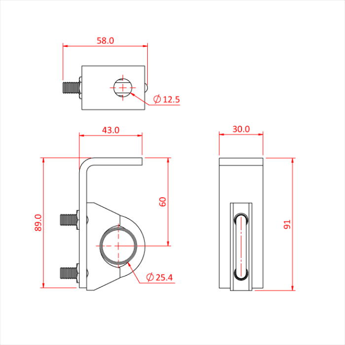 Support court avec boulon "U" avec selle pour tube de 25mm