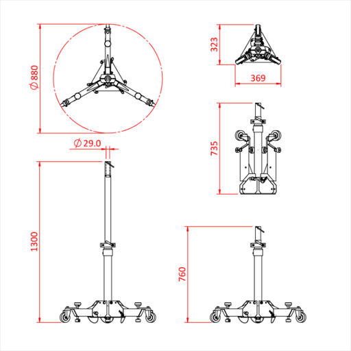 [T54402] Pied PROFESSIONNEL pour poursuite 77-130cm, CMU 75kg, noir