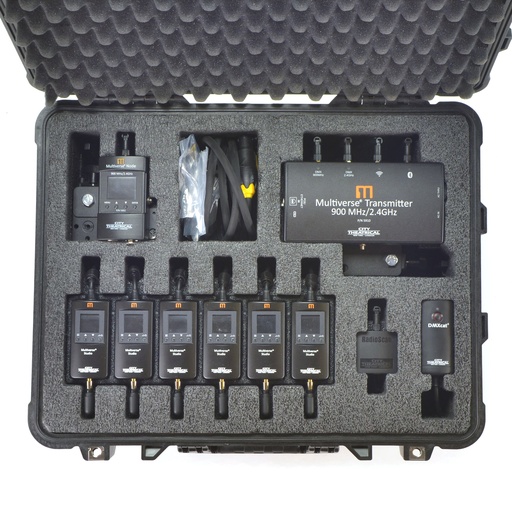 [5939] MULTIVERSE STUDIO KIT 2.4GHz; valise avec chargeur intégré avec 6 récepteurs sur batterie MULTIVERSE-ST-RX, émetteur MULTIVERSE-TX 10 univers + accroche, émetteur/récepteur MULTIVERSE-NODE + accroche, testeur analyseur DMXCAT, analyseur RADIOSCAN   